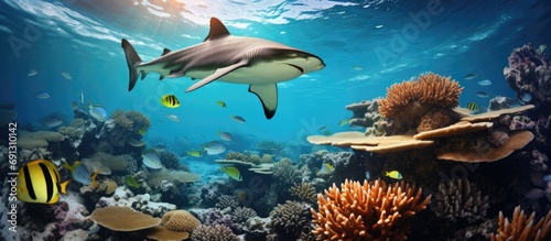 Blacktip Reef sharks in tropical waters above coral reef.