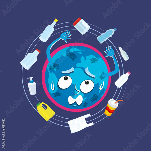  Planet earth sad suffer tired sick with human package pollution of plastics. Save the planet with human waste concept. illustration vector cartoon. 