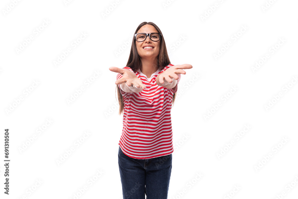beautiful happy young caucasian woman with straight hair with glasses and in a striped t-shirt beautiful happy young caucasian woman with straight hair with glasses and in a striped t-shirt