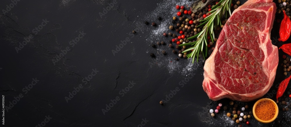 Fresh raw ribeye steak with spices on a stone board, viewed from above with space for text.