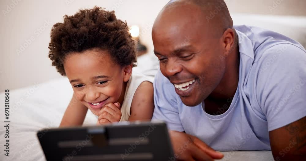 Father, happy black kid and tablet in bedroom, learning or watch cartoon on internet. African child, technology and dad on bed, website app and talking together, relax or bond on video call in home Father, happy black kid and tablet in bedroom, learning or watch cartoon on internet. African child, technology and dad on bed, website app and talking together, relax or bond on video call in home