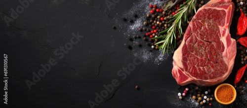 Fresh raw ribeye steak with spices on a stone board, viewed from above with space for text. photo