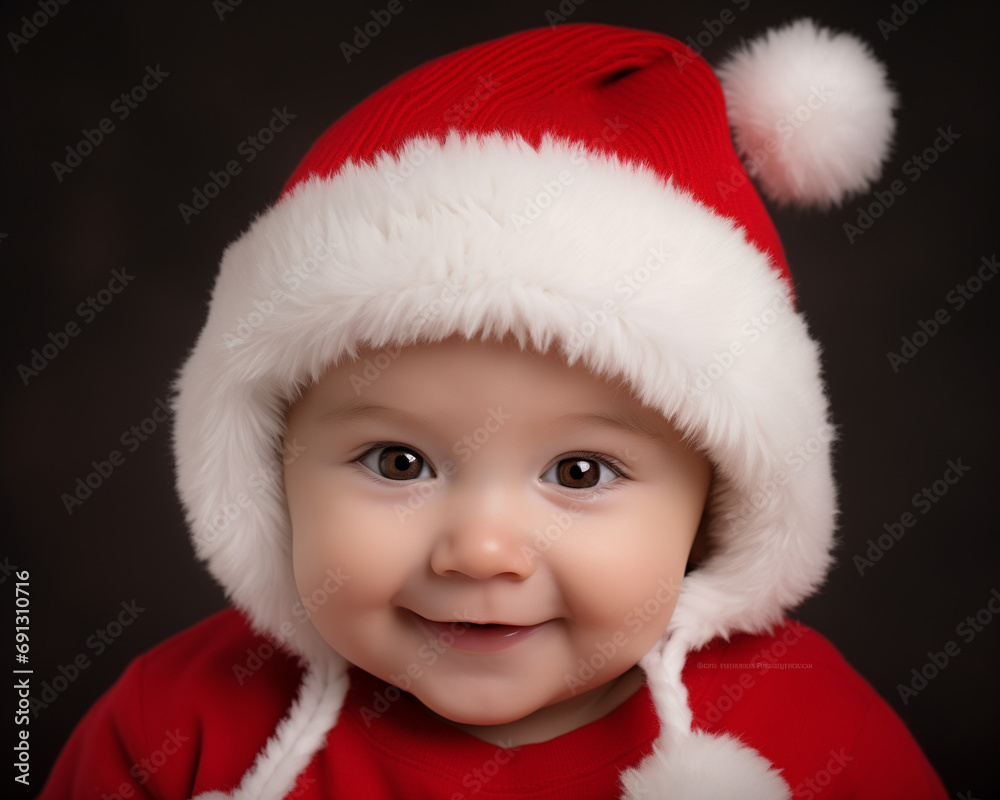 Portrait of cute baby in santa claus hat smiling, in the style of minimalism Portrait of cute baby in santa claus hat smiling, in the style of minimalism