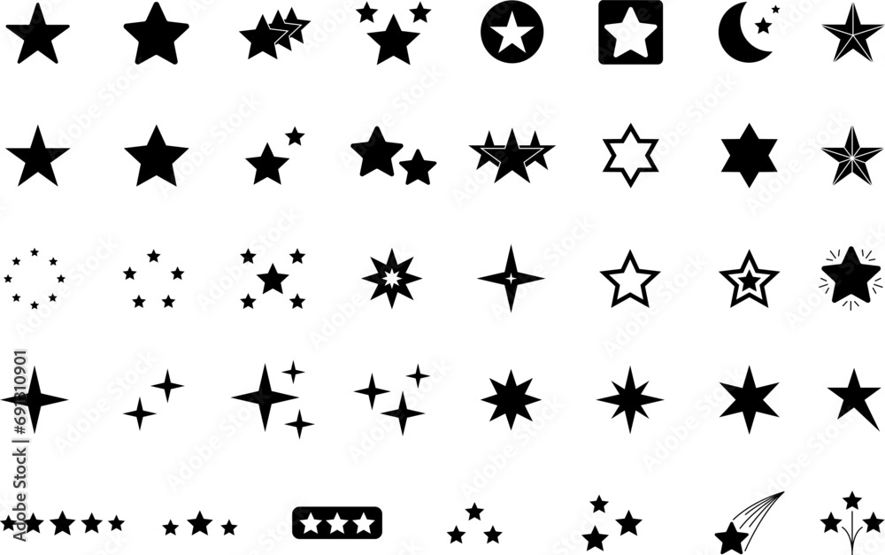 Stars line icons set. Rank, quality, shining sparkle, magic, favorite, logo, bright firework, falling, fantasy vector illustration.