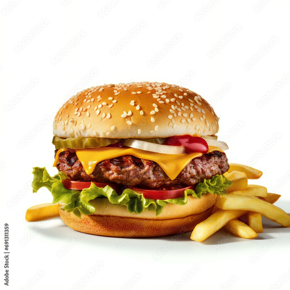 beef cheese burger with fries on white beef cheese burger with fries on white