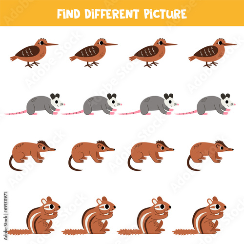 Find different animal in each row. Logical game for preschool kids.