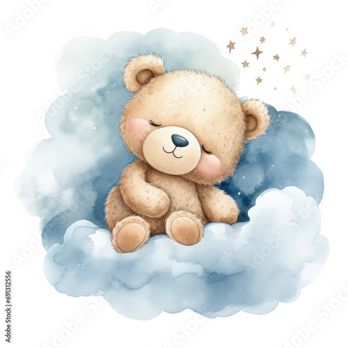 Cute baby teddy bear sleeping on the cloud Illustration, Generative Ai