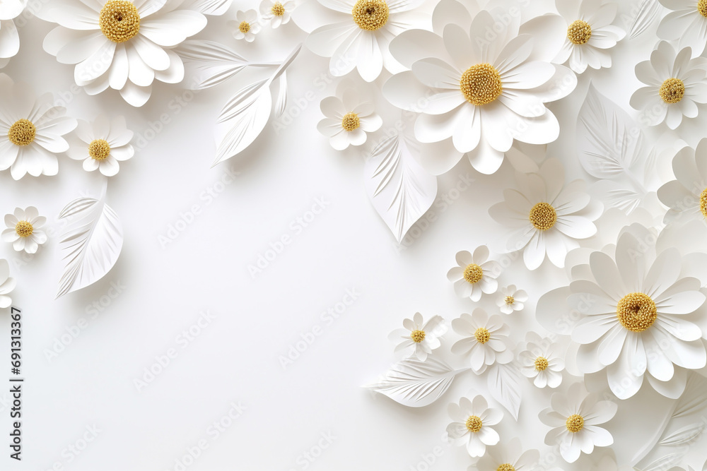 Obraz premium Paper cut flowers and leaves, Fresh spring nature background. Floral banner, poster, flyer template with copy space.