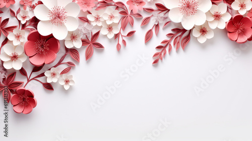 Paper cut flowers and leaves, Fresh spring nature background. Floral banner, poster, flyer template with copy space.