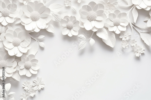 Paper cut flowers and leaves, Fresh spring nature background. Floral banner, poster, flyer template with copy space.