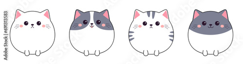 Round cat kitten, kitty with paws. Icon set line. Cute face. Different emotions, colors. Cartoon kawaii funny character. Contour line doodle. Paper sticker print. Flat design. White background.
