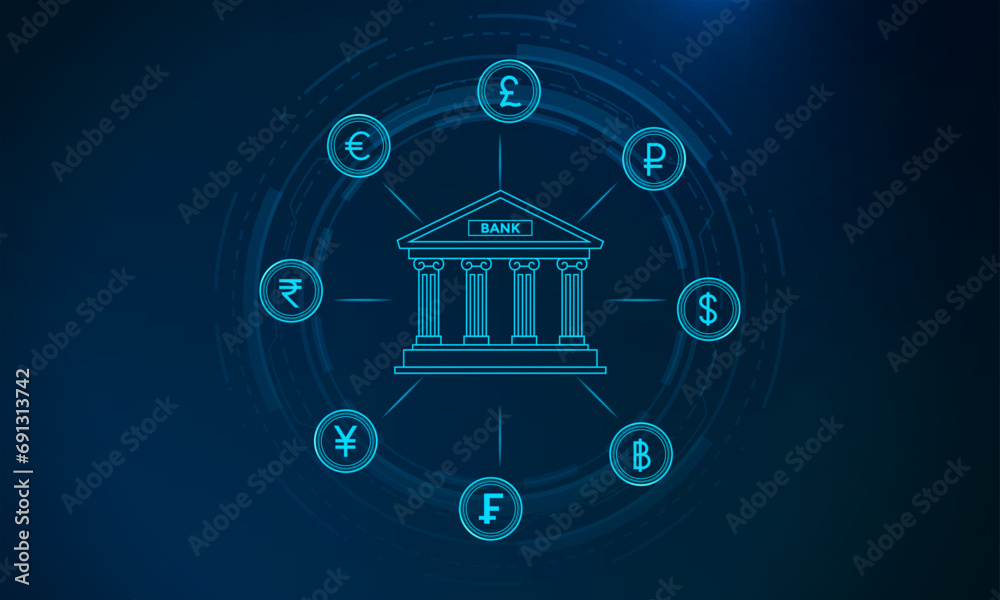 World Currencies exchange concept. Online Banking and Currency Exchange with Technology Background. Euro, dollar, yen, and pound sterling coins. World Currencies exchange concept. Online Banking and Currency Exchange with Technology Background. Euro, dollar, yen, and pound sterling coins.
