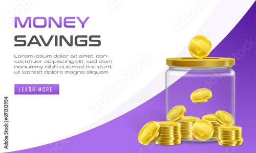 Money Savings and Investment Concept. Realistic Jar and Dollar Gold Coins. Savings Website Landing Page and Banner