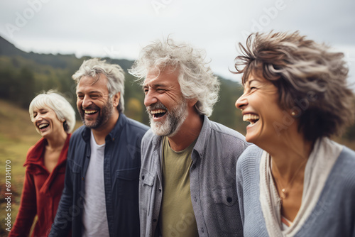 elderly people standing together having fun photo