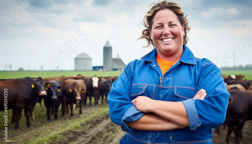 overweight female Dutch farmer on his agriculture field with cows ,generative ai photo