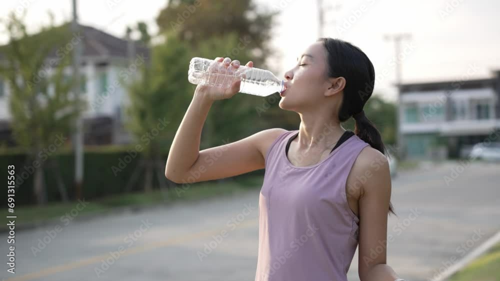 Young fitness woman drinks energy water while stretching in outdoor park. and exercise in the evening, health concept slow mo video Young fitness woman drinks energy water while stretching in outdoor park. and exercise in the evening, health concept slow mo video