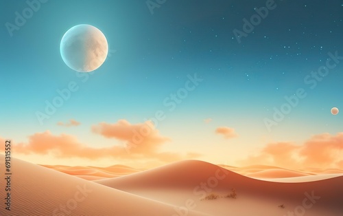 Happy Ramadan poster. Sand-dunes with moon, orange clouds and copy space. Minimalistic photorealistic landscape with toned colors. AI generative.