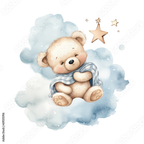 Cute baby teddy bear sleeping on the cloud Illustration, Generative Ai