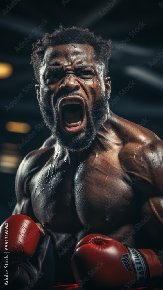 Black boxing man passionately screaming in the ring after fighting rival ,generative AI