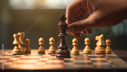Close-up of a hand making a decisive move with a chess piece ,generative ai photo