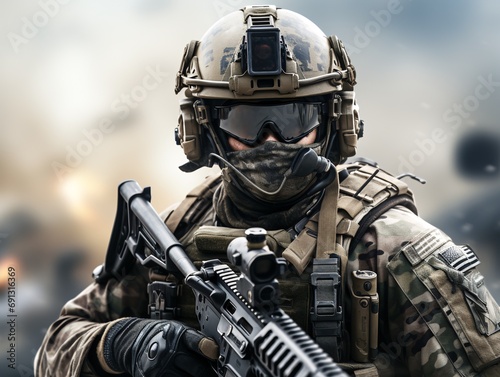 United States Army Special forces soldier in uniform and helmet with assault rifle