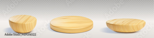 Wooden podium for products display - 3d realistic vector set of various stands with wood texture. Natural pedestal for goods demonstration. Mockup of brown platform for cosmetic production showcase