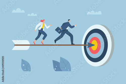 Effective teamwork, Successful business development, Success goals or career growth ideas. Team of businessmen running after an arrow that hits the target. Vecter design illustration.