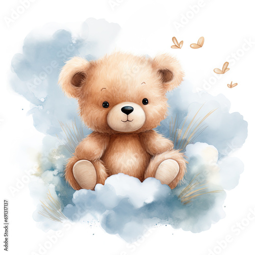 Cute baby teddy bear sleeping on the cloud Illustration, Generative Ai