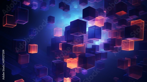 abstract futuristic 3d floating cubic elements with deep blue, vibrant orange, and electric purple colors. abstract background template © fledermausstudio