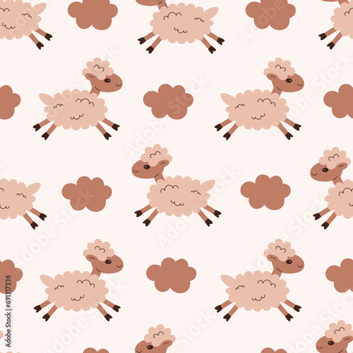 Sheep and cloud seamless pattern. Cute pastel colored childish endless background with jumping animal in the sky. Vector illustration for nightwear, bedroom, nursery 