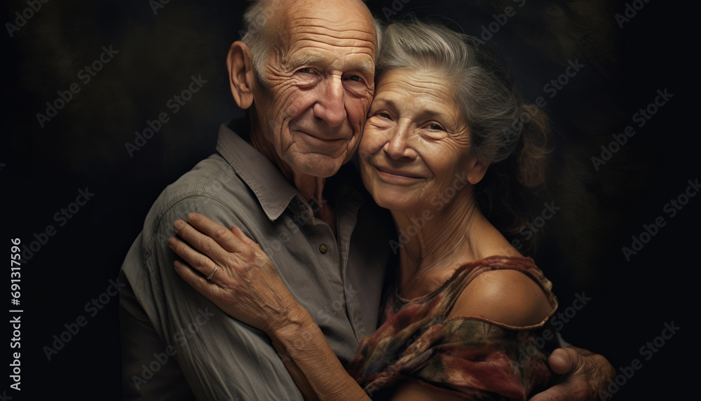 An older man and woman embracing with dark background, Generative AI. An older man and woman embracing with dark background, Generative AI.