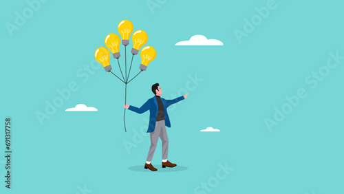 businessman holding creative light bulb balloons illustration with modern flat design style, freedom and success concept, representing ideas and innovative, innovative idea concept for business