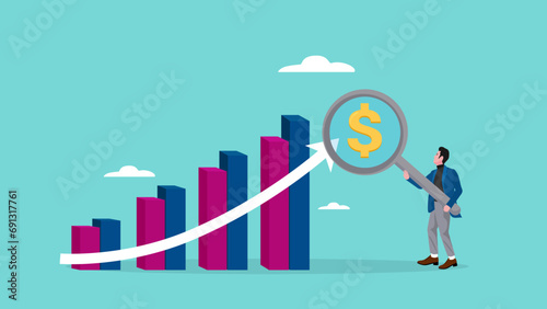business growth followed by a lot of income illustration with the concept of a businessman using a magnifier to examine how much money he has earned, profit performance, investment sales growth