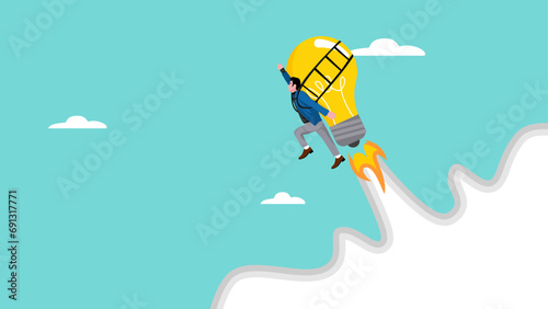 success businessman driving light bulb rocket suitable for describe about knowledge for success concept, creativity knowledge to achieve success, finding solution, knowledge is success key
