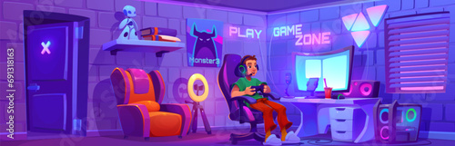 Young man playing video game on computer. Cartoon vector of room interior with gaming and streaming setup. Teen boy sitting in chair with joystick near desk with monitor and neon signs on wall.