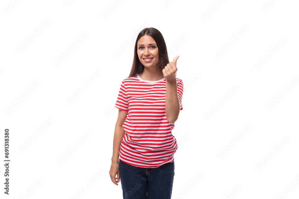 young pretty smiling european woman with straight black hair is wearing a striped red t-shirt young pretty smiling european woman with straight black hair is wearing a striped red t-shirt
