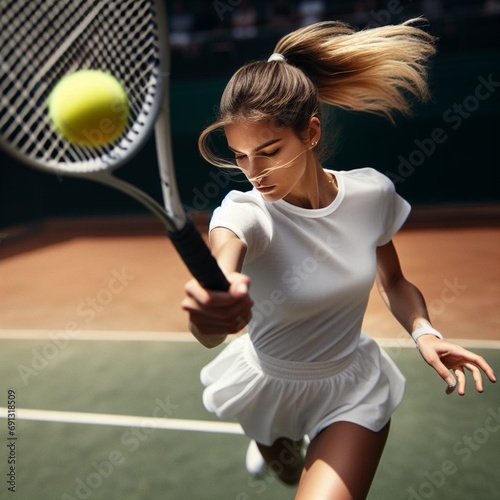 Playing tennis. Tennis racket and ball in the hands of a tennis player. Tennis player plays tennis in a court. © Artur Harutyunyan