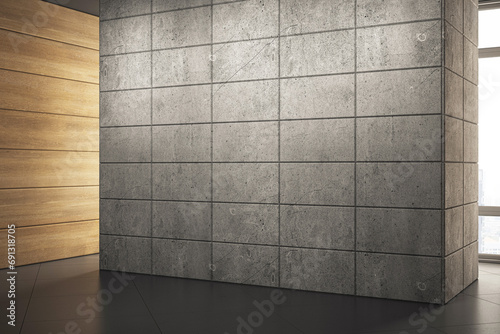 Fototapeta Naklejka Na Ścianę i Meble -  Elegant gallery corner with blank textured concrete wall and warm wooden floor. Exhibition design concept. 3D Rendering