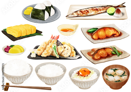 和食 バラエティ ご飯 おにぎり 味噌汁  天ぷら 焼き魚 煮魚 玉子焼き 日本料理