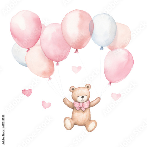 Watercolor of cute bear floating with balloons, Valentine's day Concept. © yelosole