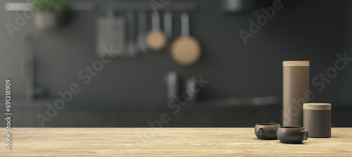Fototapeta Naklejka Na Ścianę i Meble -  Sleek kitchen tabletop showcasing modern design and clean lines. Product layout concept. 3D Rendering