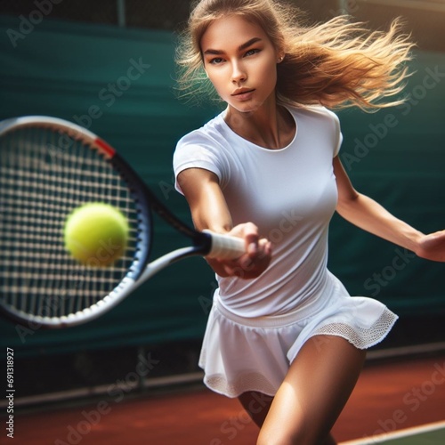 Playing tennis. Tennis racket and ball in the hands of a tennis player. Tennis player plays tennis in a court. © Artur Harutyunyan