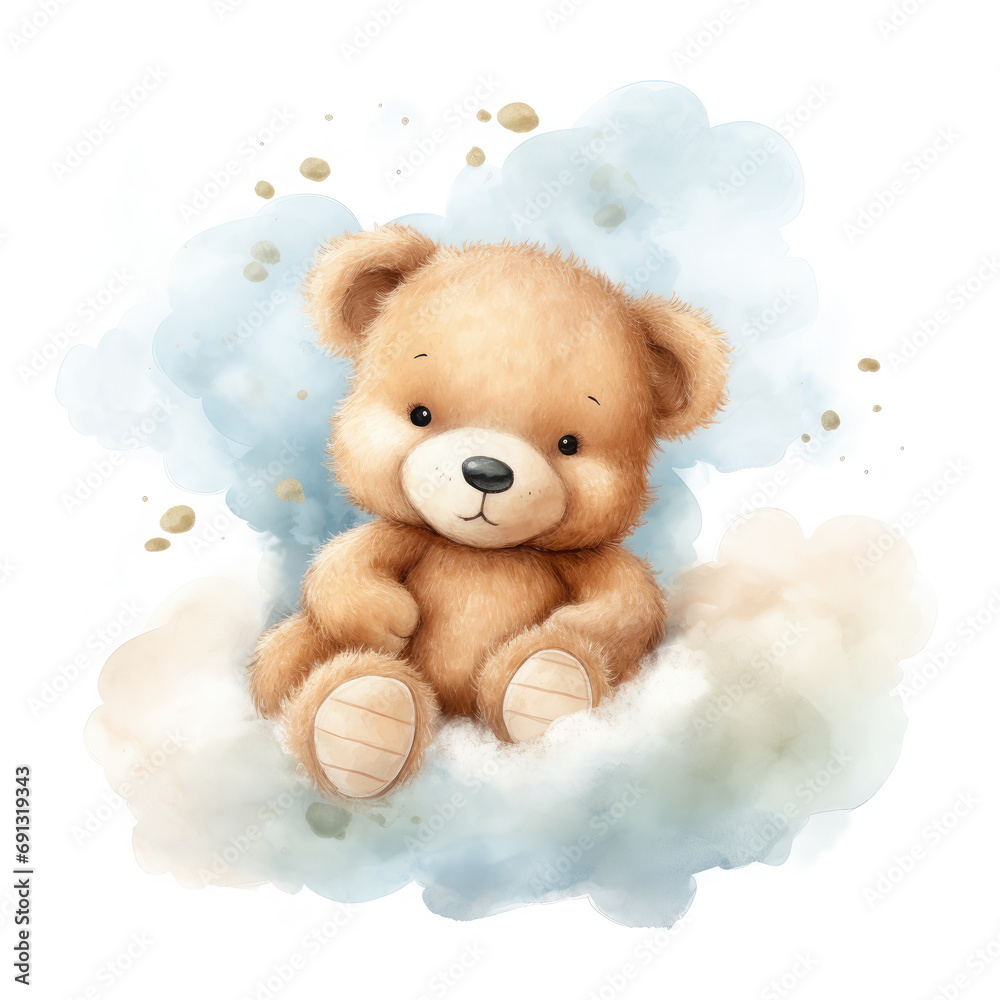 Cute baby teddy bear sleeping on the cloud Illustration, Generative Ai Cute baby teddy bear sleeping on the cloud Illustration, Generative Ai