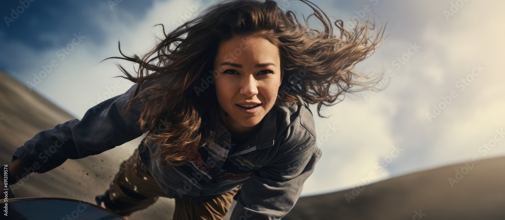 Young woman in sports clothing learning skateboarding on indoor slide during daytime. Young woman in sports clothing learning skateboarding on indoor slide during daytime.