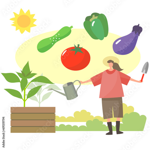 家庭菜園で野菜を育てる女性