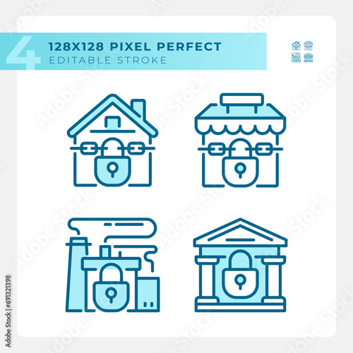 Pixel perfect blue icons set of economic crisis, editable thin line illustration.