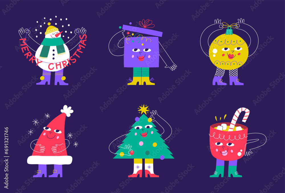 Fototapeta premium Merry Christmas and Happy New year characters. Christmas tree, ball, snowman, gift box in trendy style. 