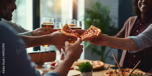 "Slice by slice—friends share laughter and flavors at a pizza party, turning an ordinary day into a homemade celebration of joy." 