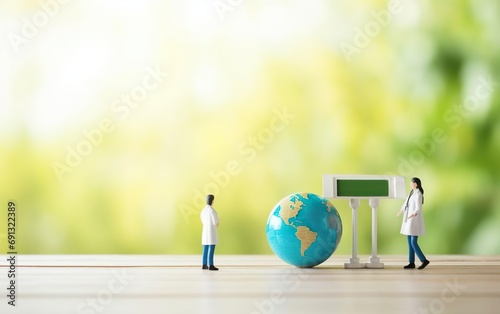 Happy Earth and World Health day poster with a small globe, miniature doctor figures on wooden table surface. Green blurred background, copy space, day light, close up, bokeh, de focus. AI Generative
