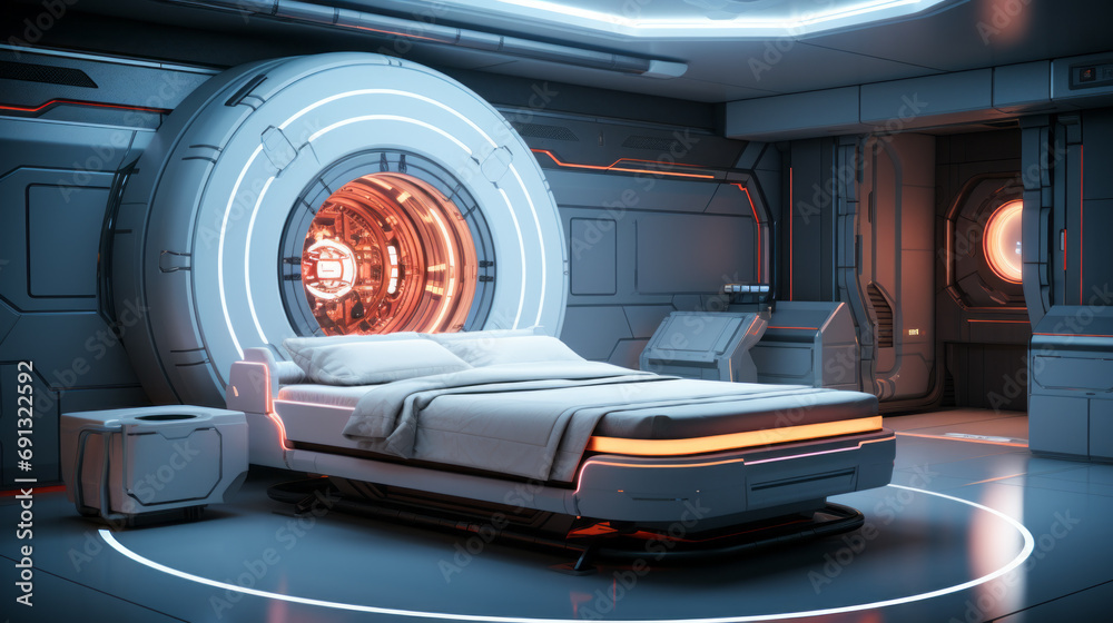 Fototapeta premium Futuristic spaceship Bedroom mainly in light blue colors with curved orange lines for lighting without window